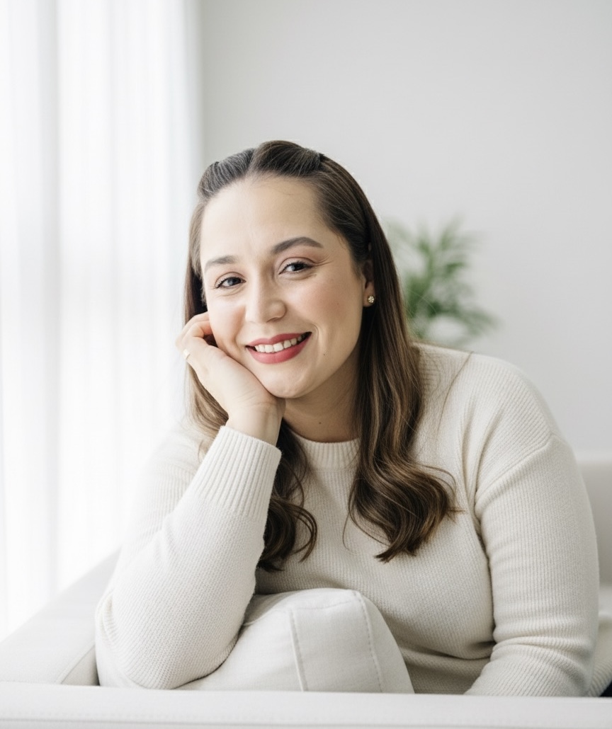 Carliane Parente de suéter claro, sorrindo com a mão apoiada no rosto.